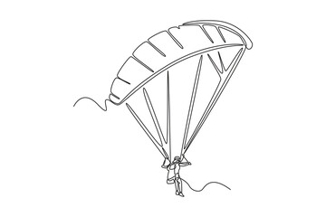 Continuous one line drawing brave person is paragliding, suspended high beneath fully inflated chute, thrill and airborne freedom of extreme sport. Single line draw design vector graphic illustration