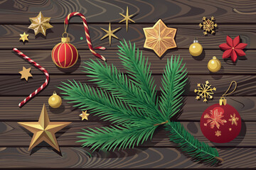 Festive christmas decorations arranged on a wooden surface