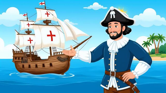 Cartoon Explorer with Historic Sailing Ship and Tropical Island Background