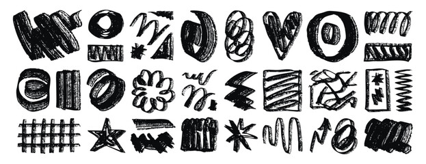 Bright positive set doodle elements abstract shapes and strokes, hand drawn texture dry brush hearts, circles, stars and creative messy elements for posters or web design