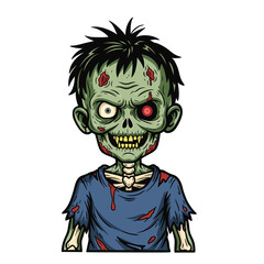Spooky cartoon zombie boy with decaying flesh and glowing red eye, perfect for Halloween and horror themes