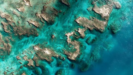 Aerial view of turquoise ocean with coral reefs and rocky outcrops. Concept Aerial turquoise ocean with coral reef mosaics, Coral reef labyrinths and rocky outcrops from above