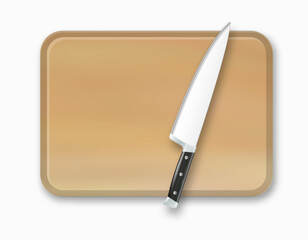 Wooden Cutting Board Kitchen Chopping Board for Food Preparation. Butcher Knife for Meat Cutting. Vector