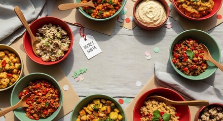 Bowls with food arranged around a Secret Santa tag on a tablecloth
