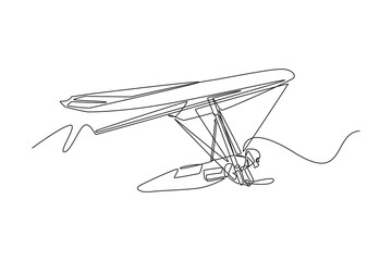 Single one line drawing bravery man is hang gliding, soaring airborne above winding that suggests, dynamic flight, fluid motion extreme sport. Continuous line draw design graphic vector illustration