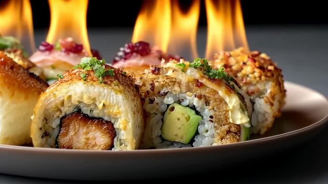 Sushi rolls with crispy toppings ignite flames in a dramatic culinary display at a craft sushi restaurant