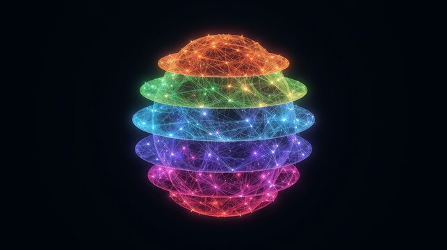Abstract layered sphere of glowing particles on a black background - Powered by Adobe