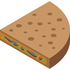 Isometric view of a savory quesadilla slice with brown tortilla filling featuring dark ingredients and green herbs against a clean transparent background illustrating a delicious Mexican food item