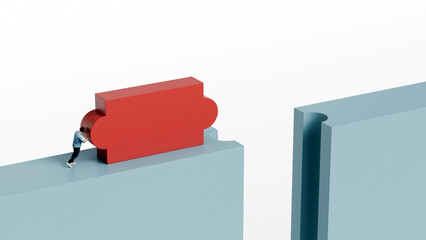Man pushing a red puzzle-shaped block to complete a missing part of the path, persistence, problem solving, connection, creativity, 3d render