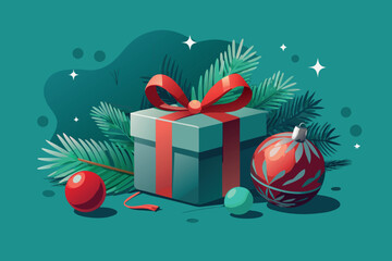 Festive christmas gift box surrounded by ornaments and pine branches
