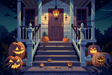 Spooky halloween night porch with jack o lanterns and lanterns