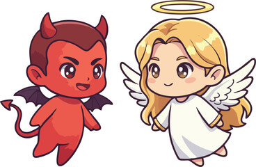 Cute Chibi Devil and Angel Cartoon Vector Illustration – Fantasy Character Duo with Wings, Halo, and Tail, Isolated