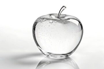 Crystal Clear Glass Apple with Water Droplets on White Background