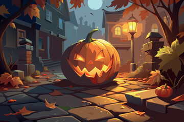 Spooky jack o lantern illuminates cobblestone street on halloween night
