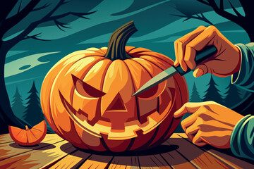 Carving a spooky jack o lantern for halloween night