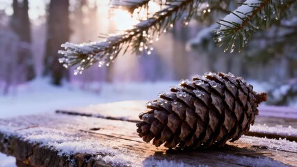 Pine cone on wooden surface with frost in winter forest - Powered by Adobe