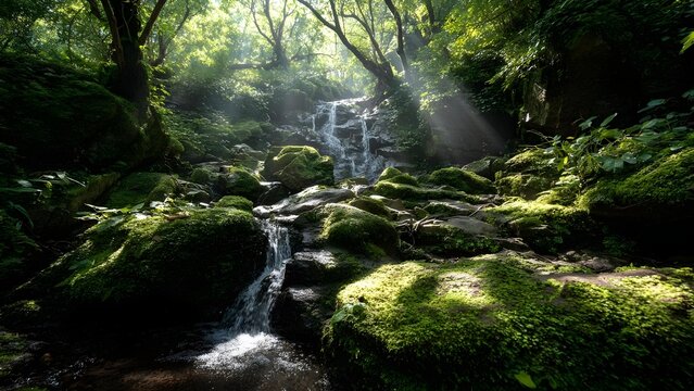 Sun-dappled forest scene with moss-covered rocks and a gentle waterfall cascading down. Concept Sun-dappled forest photography, Moss-covered rocks, Gentle waterfall, Nature backdrop