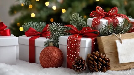 Holiday gift arrangement with festive decorations and a blank sign for personalized messages in a cozy setting