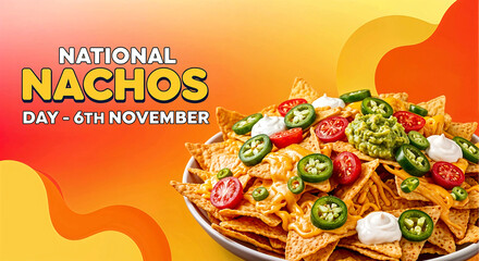 Bowl of Nachos with Toppings on Warm Gradient Background Celebrating National Nachos Day on 6th November
