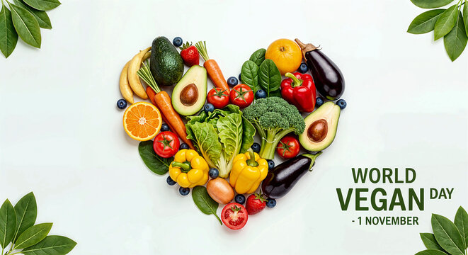 Heart-Shaped Arrangement of Fruits and Vegetables on White Background Celebrating World Vegan Day on November 1
