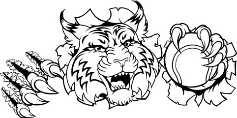 A wildcat or bobcat with a tennis ball sports team animal cartoon mascot