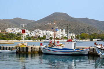 Fototapeta premium Fishing port in Xilokeratidi, facing the Katapola harbor. Amorgos, Cyclades, Greece