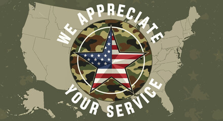 Veterans tribute design featuring camouflage and american flag imagery background map usa