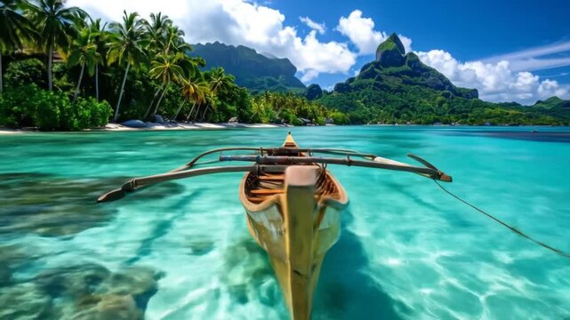 An outrigger canoe floats on a calm, transparent turquoise lagoon with a lush tropical island in the background.