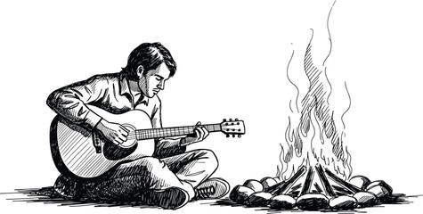 Man playing guitar by campfire, relaxing outdoor music night, camping lifestyle illustration, travel adventure, acoustic performance, peaceful evening, creative art drawing
