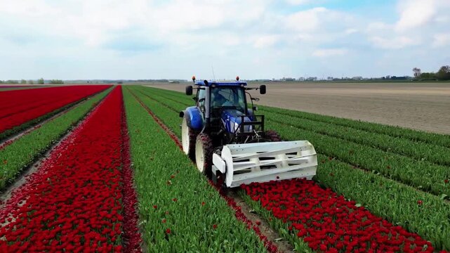 Tractor topping a vibrant field of red tulips in Holand.
