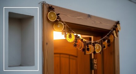 Festive doorway garland with orange slices and stars adjacent to a recessed wall niche