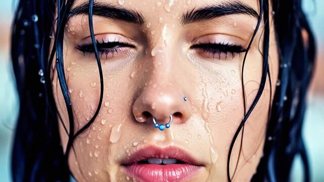 Close up of a woman's face with water droplets and striking blue eyes
