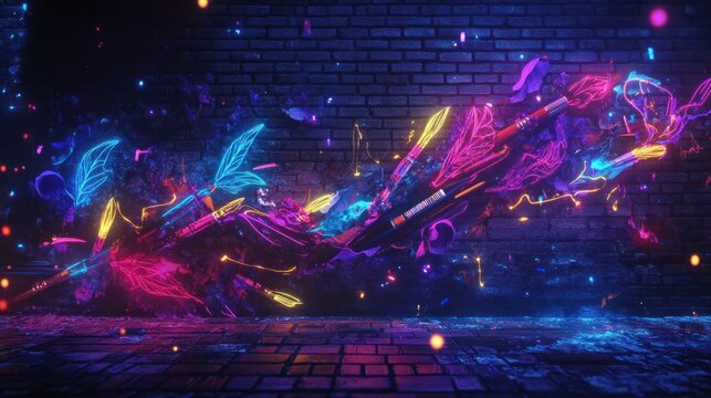 Vibrant abstract art against a brick wall.  Neon colors explode in dynamic shapes