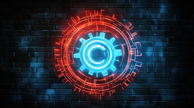 Circular copyright symbol, neon blue and red, on a dark brick background, with a gear graphic