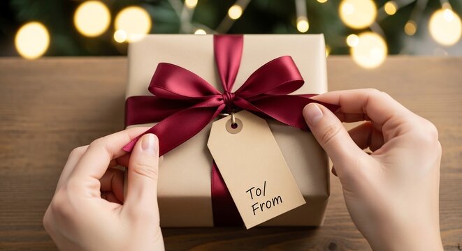 Gift opening shows hands adjusting bow a tag reading ToFrom on a brown wrapped box on a wooden table with bokeh