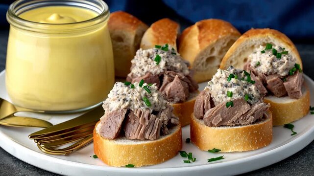 Delightful savory spread on fresh bread with mustard served at a cozy dining setting