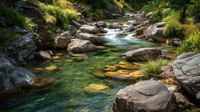 Crystal-clear river flowing through a rocky gorge, with large boulders in the water and lush greenery along the banks. Concept Nature Photography, River Gorge, Crystal-clear Water, Rocky Landscape