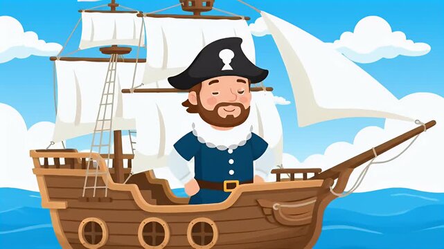 Cartoon Pirate Captain Sailing Ship at Sea. Adventure, Exploration, and Discovery.