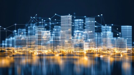 Digital city skyline, glowing lines connecting buildings, reflected on water