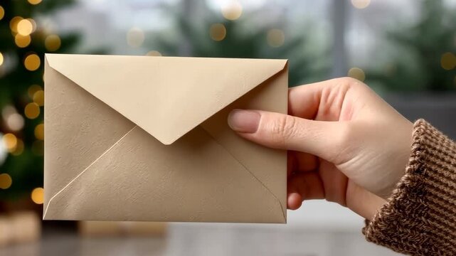 Holding a brown envelope by a person near a festive setting with Christmas lights in the background