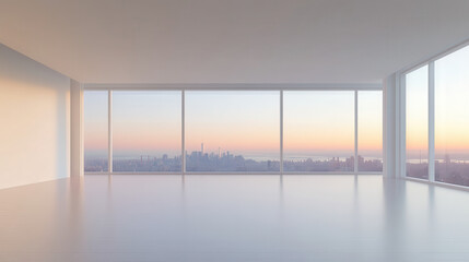 An empty room in a high-rise building with a view through a glass wall