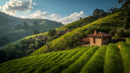 Panoramic View of Lush Green Step Fields and Traditional Village Houses on a Rolling Hillside 