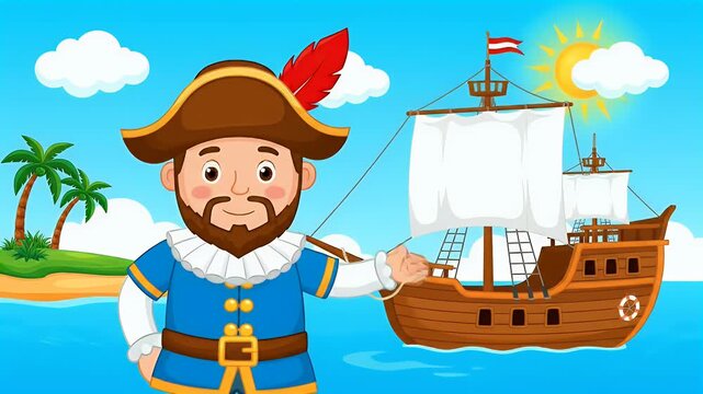 Cartoon Historical Explorer and Sailing Ship on Ocean with Tropical Island Background