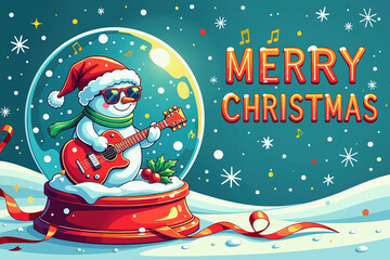 A snowman wearing sunglasses and a santa hat plays a red guitar inside a snowglobe with holly and berries, on a blue background with snow and stars.