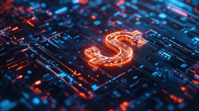 Glowing dollar sign on a circuit board