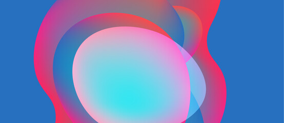 Abstract colorful shapes overlap. Blue background contrasts vibrant pinks, purples, cyan hues. Smooth gradients create flowing visual effect.