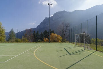 Football field with forest and mountain in back, Alps, Italy