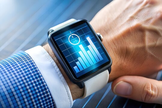 Smartwatch Data Visualization Real-Time Graphs for Business & Finance Analysis on the Wrist, Mobile Data & Connection