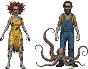 PrintZombie woman and farmer with octopus monster, horror character illustration, scary Halloween design, undead sea creature artwork for digital media