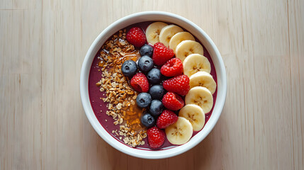 Vibrant Brazilian acai bowl with granola, fresh berries, banana slices, and honey drizzle.